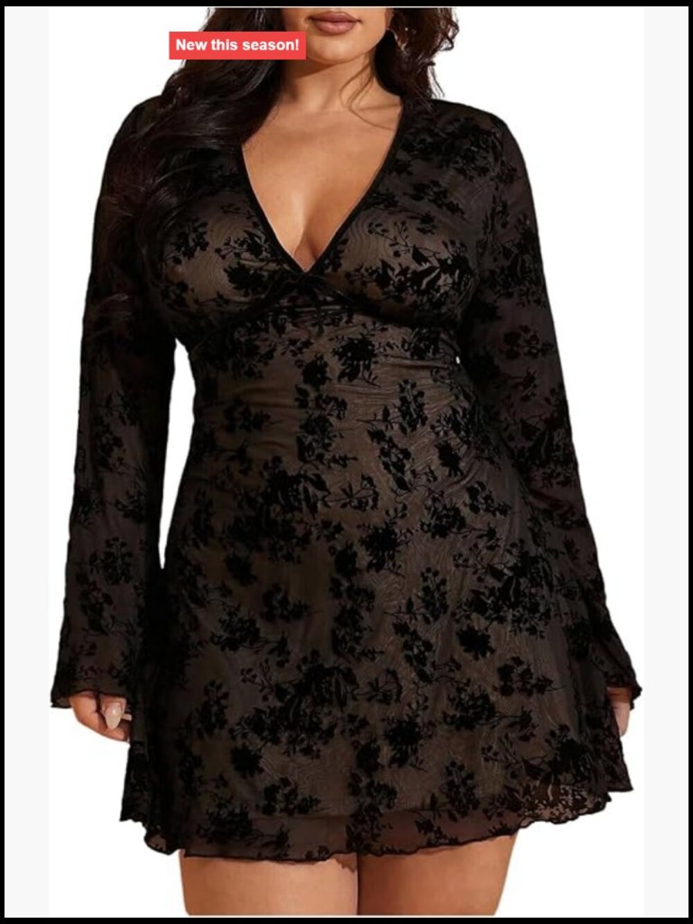 Plus Size Floral Mesh Gothic Mini Dress, V-Neck Long Sleeve A-Line